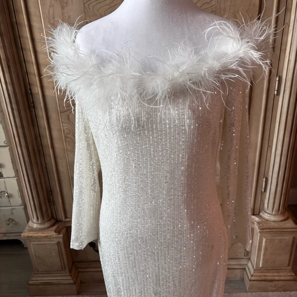 NEW White Dress, White Sequins Dress, Dress with Feathers, Prom, NWOT, Size L - Picture 2 of 10